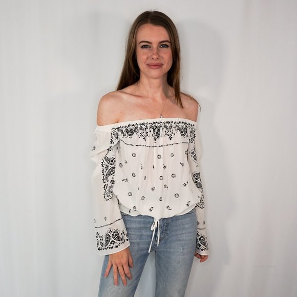 Theory Tops - THEORY Off Shoulder Paisley Chiffon Blouse White